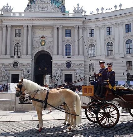 Eine Kutsche mit zwei Pferden steht vor einem barocken Gebäude mit Kuppel. Zwei Kutscher in Uniform sitzen auf der Kutsche. Kopfsteinpflaster im Vordergrund.