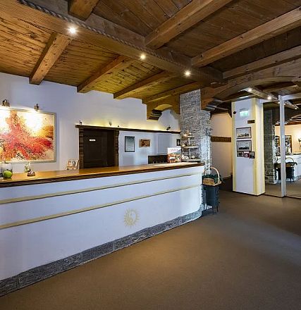 Gemütliche Hotelrezeption mit Holzdecke, Steinwänden und modernem Tresen. Kunstwerke und Pflanzen verleihen dem Raum eine einladende Atmosphäre.