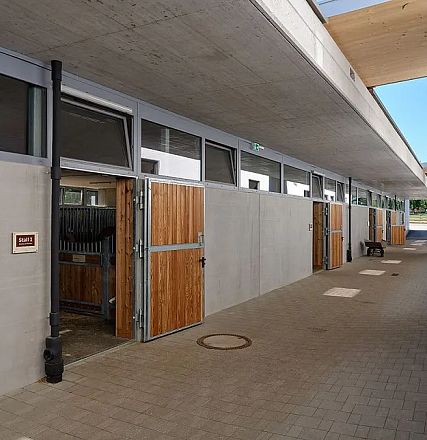 Modern horse stable with wooden doors and concrete walls lining a clean, wide corridor. Natural light filters in from skylights and open ends.