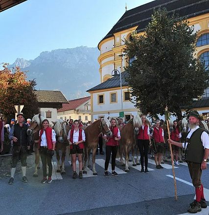 Eine festlich gekleidete Gruppe Menschen führt Rinder durch ein Dorf bei sonnigem Wetter. Berge und traditionelle Gebäude umgeben die Szene. Herbstliche Stimmung.