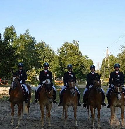 Sechs Reiter in Reituniform sitzen auf Pferden, flankiert von einem Mann in sportlicher Kleidung. Im Hintergrund sind Bäume bei Tageslicht sichtbar.