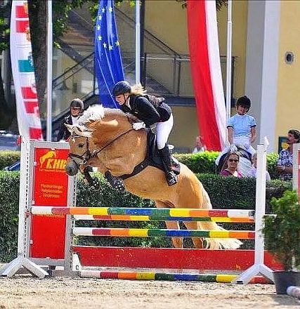 Reiterin springt mit Pferd über ein Hindernis bei einem Turnier. Im Hintergrund sind Zuschauer und verschiedene bunte Flaggen sichtbar.