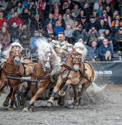 Ein Gespann aus sechs Pferden zieht einen Wagen durch eine schlammige Arena vor einer aufmerksamen Menschenmenge. Fahrer steuert mit viel Geschick.