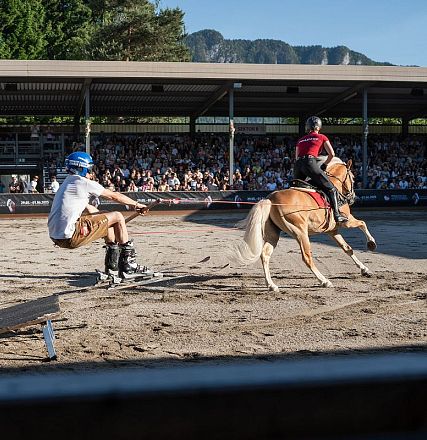 Zwei Personen beim Skijöring: Eine Person auf Skieren wird von einem Pferd gezogen. Sie tragen Schutzhelme und das Event findet in einer Arena statt.
