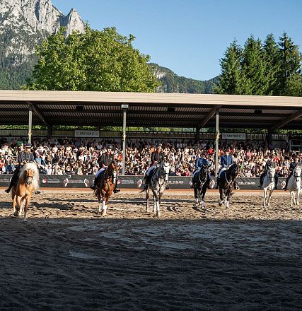 A horse show performance in an outdoor arena with a backdrop of scenic mountains and trees. A crowd watches from the stands under a clear blue sky.