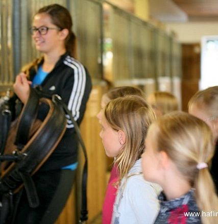 Un gruppo di bambini osserva una donna che spiega qualcosa vicino a dei box per cavalli in una scuderia. La donna tiene in mano un finimento per cavalli.