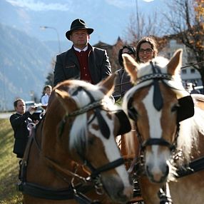 Due cavalli biondi con finiture eleganti trainano una carrozza. Dietro ci sono persone sorridenti in abiti tradizionali, con montagne sullo sfondo.