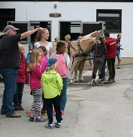 Gruppo di persone, tra cui bambini, radunato davanti a un edificio bianco con cavallo legato. Alcuni osservano, altri interagiscono con l'animale.