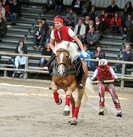 Reiter in traditioneller Kleidung auf einem galoppierenden Pferd, gefolgt von einer Person auf Rollerskates in einem Sandstadion, mit Zuschauern im Hintergrund.