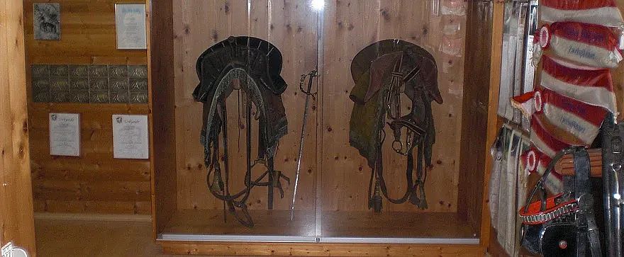 Glasvitrine mit antiken Pferdesätteln und Zaumzeug, präsentiert vor einer Holzwand. Die Ausstellungsstücke sind detailliert und gut erhalten.