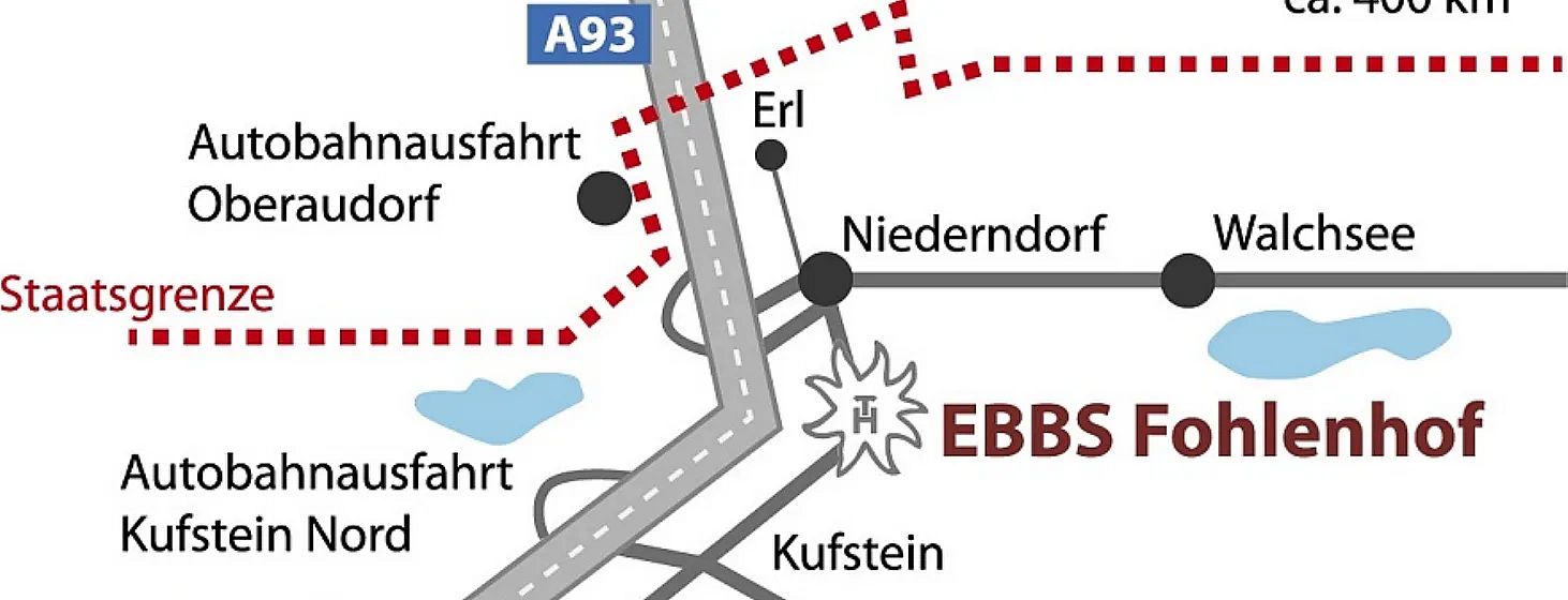 Kartenschema der A93 Autobahn in der Region mit markierten Orten wie Niederndorf und Kufstein sowie Hinweisen auf Autobahnausfahrten und lokalen Straßen.