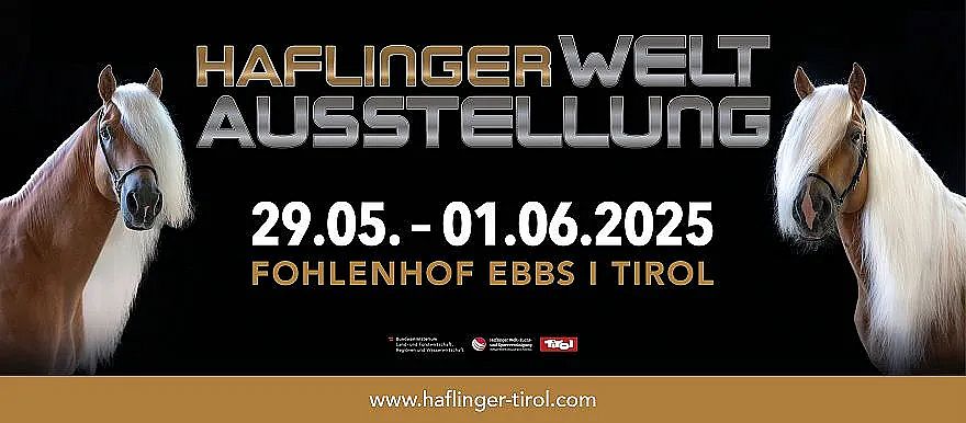 Locandina per la "Haflinger Welt Ausstellung" dal 29 maggio al 1 giugno 2025, presso il Fohlenhof Ebbs in Tirolo, con dettagli e siti web nella parte inferiore.