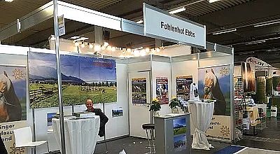 Messestand von Fohlenhof Ebbs mit weißen Wänden, Plakaten von Pferden und Landschaften. Ein Mann sitzt an einem Tisch mit Stehtischen und Blumen.
