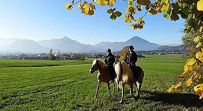 Zwei Personen reiten auf Pferden durch eine weitläufige grüne Landschaft mit Bergen im Hintergrund. Die Sonne scheint, und herbstliche Blätter hängen über ihnen.