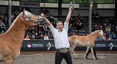 Un uomo con un cavallo biondo solleva le braccia in segno di vittoria o gioia, mentre un altro cavallo si trova sullo sfondo in un'arena affollata.