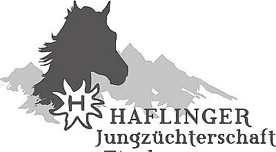 Silhouette eines Pferdes vor Bergkulisse. Darunter steht "HAFLINGER Jungzüchterschaft Tirol" in Großbuchstaben.
