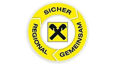 Logo mit einem auf einem gelben Kreis angeordneten schwarzen Doppelhackensymbol in einem Quadrat. Der Kreis ist beschriftet mit "SICHER", "REGIONAL", "GEMEINSAM".