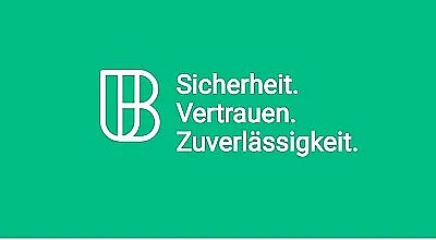 Ein grünes Logo mit einem stilisierten Buchstaben "B" links. Rechts daneben steht in Weiß: "Sicherheit. Vertrauen. Zuverlässigkeit." auf grünem Hintergrund.